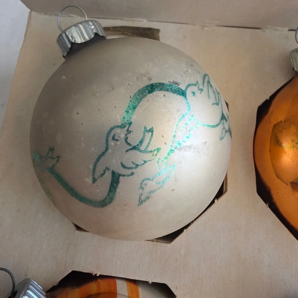 VTG Shiny Brite Glass Christmas Ornaments Set 9 Stenciled Orange & Green in Box
